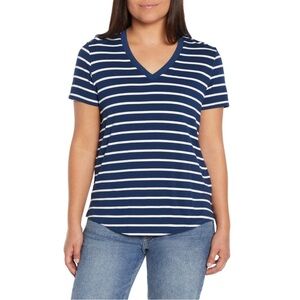 Navy and White Striped V-Neck Women's Top